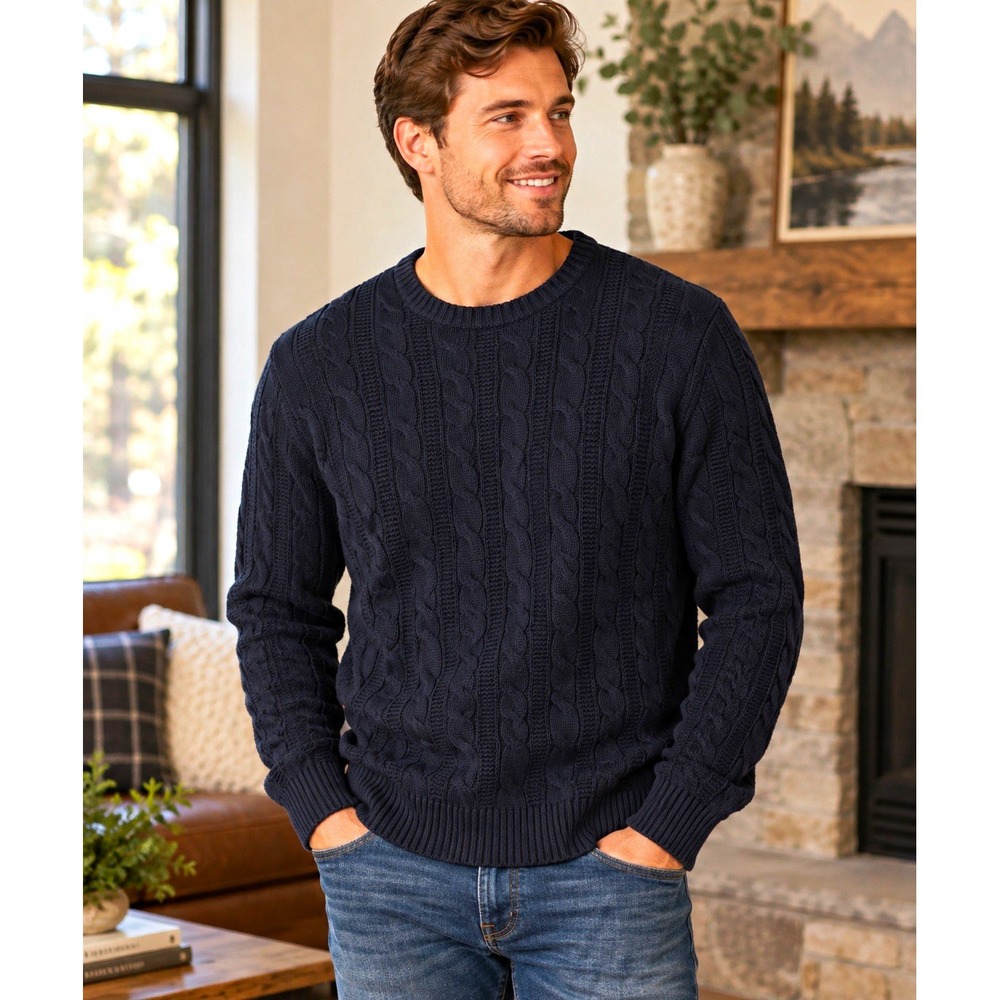 Goodthreads Men's M Navy Cable Knit Crewneck Sweater 100% Cotton Pullover